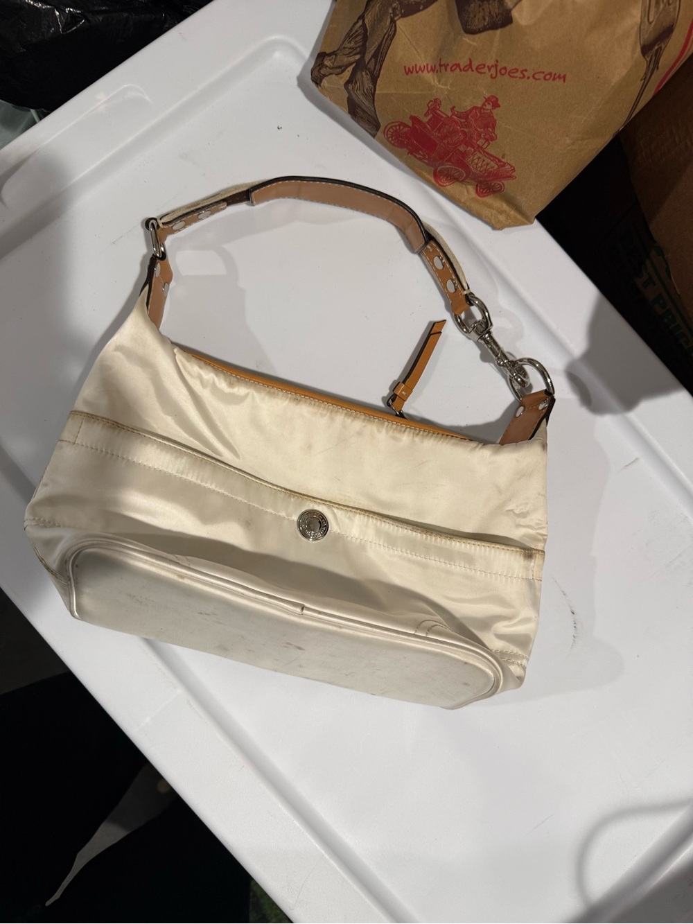 Coach Cream Mini Shoulder Bag with Tan Leather Trim